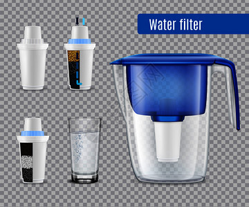 家用滤水器水罐,3更换碳盒全璃写实透明矢量插图图片