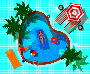 游泳池顶部景观与人类人物休闲平构图上平铺蓝色背景矢量插图图片