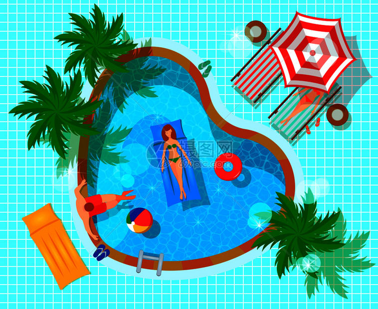 游泳池顶部景观与人类人物休闲平构图上平铺蓝色背景矢量插图图片