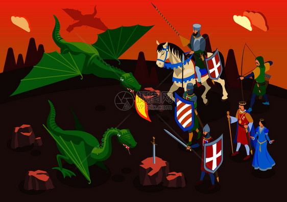 中世纪等距构图与人类人物的战士骑士与青龙幻想景观矢量插图图片