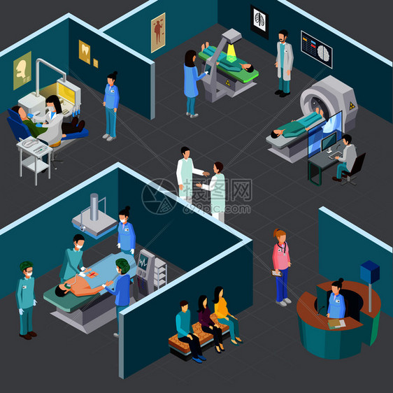 医疗设备等距成与人体特征的卫生专业人员病人各种医院房间矢量插图图片