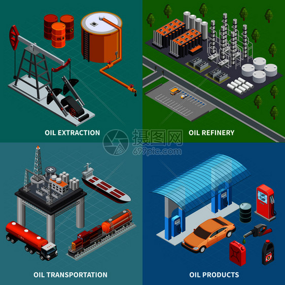 石油工业开采设备炼油厂运输2x2彩色等距三维孤立矢量图图片