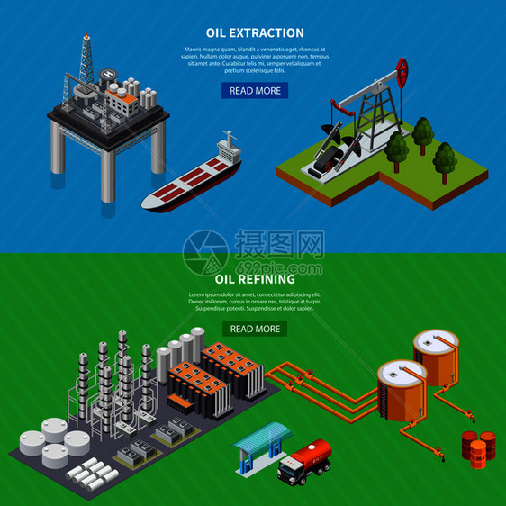 等距两个水平横幅与石油工业提炼提取设备隔离彩色背景三维矢量插图图片