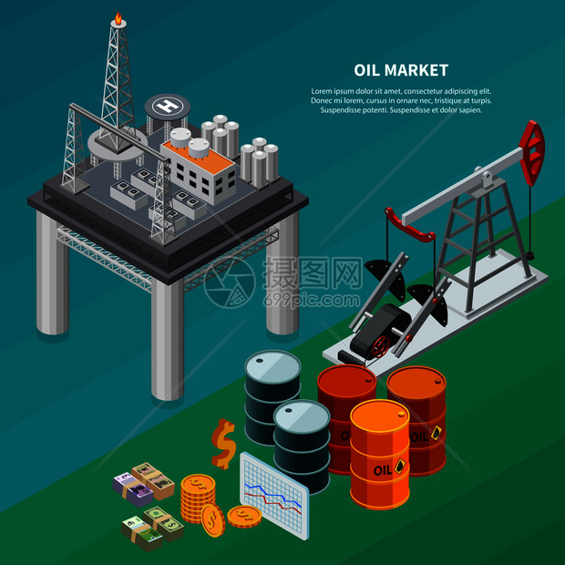 石油工业等距成与炼油厂海洋平台泵罐,货币三维等距矢量插图图片