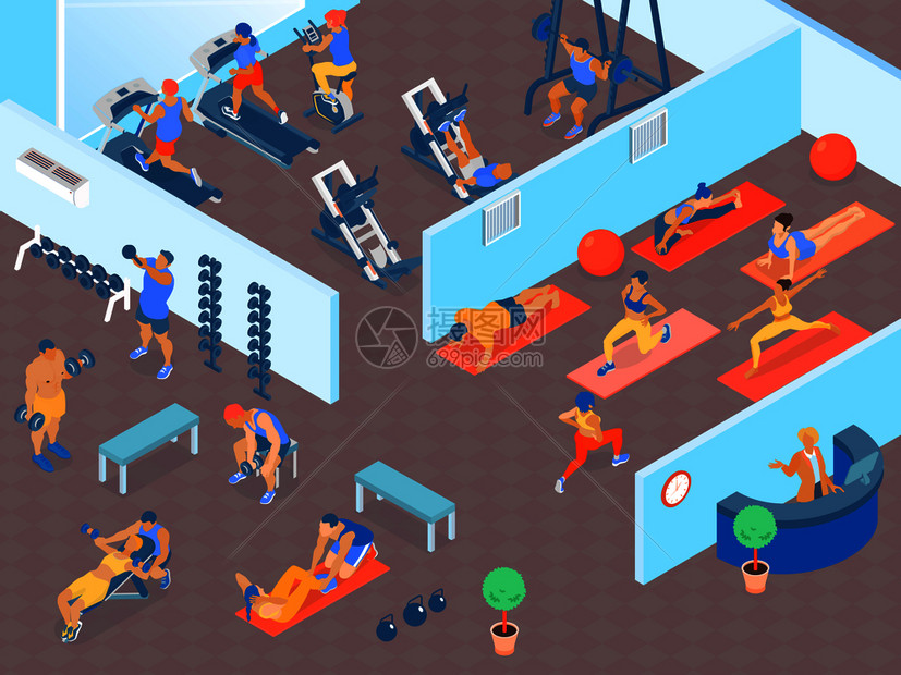 人们大型健身房与氧重量训练健身课程三维水平等距矢量插图健身水平插图图片