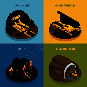 矿工工作车辆设备的采煤等距孤立矢量插图图片