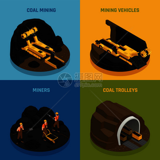 矿工工作车辆设备的采煤等距孤立矢量插图图片