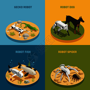 生物机器人真实动物等距与壁虎狗鱼蜘蛛孤立矢量插图图片