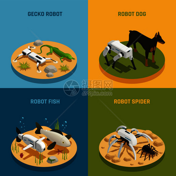 生物机器人真实动物等距与壁虎狗鱼蜘蛛孤立矢量插图图片