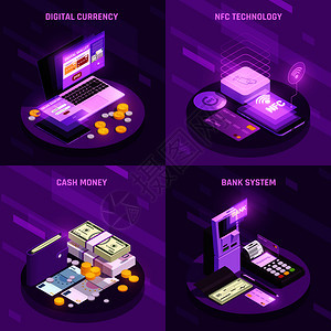 支付方法等距与数字货币现金银行系统NFC技术孤立向量插图图片