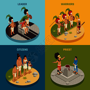 玛雅文明的人,部落领袖,战士,牧师公民等距,矢量插图图片