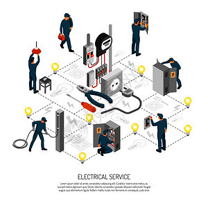 等距电工作文与可编辑的文本线图标图像,线工各种工作矢量插图图片