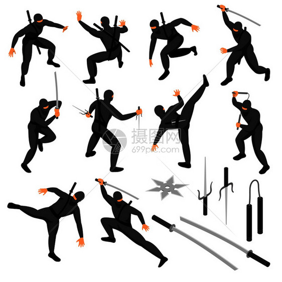 等距忍者图标与人的角色的战士华而实的姿势与矢量插图图片