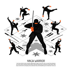 忍者战士无敌棍棒人物各种动作姿势等距互动电子游戏广告海报矢量插图忍者战士海报图片