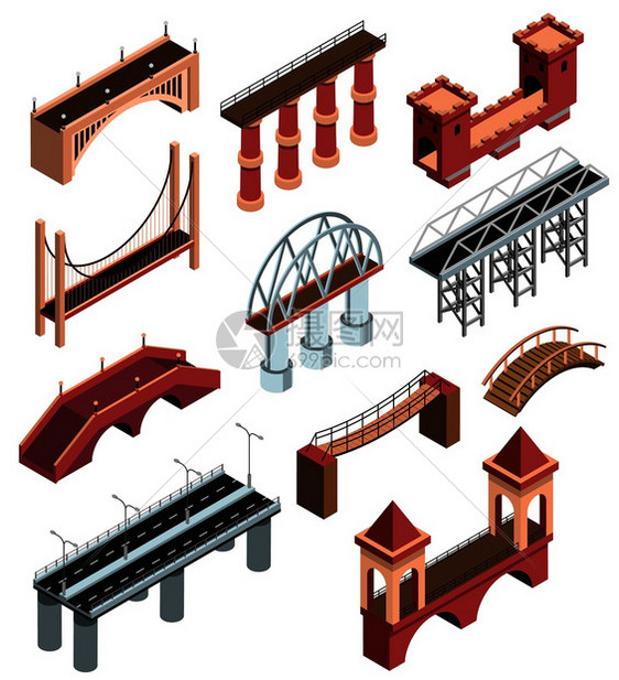 桥梁细节等距元素收集与现代金属结构,古代木石高架桥跨越矢量插图桥梁等距集图片