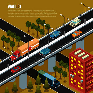 车辆高架桥承载着繁忙的郊区城市街道邻近的山谷等距成矢量图高架桥城市等距成图片