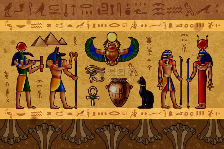 埃及水平矢量插图与古埃及神边界图案成的神秘符号埃及水平插图图片