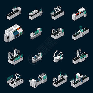 工业机器人自动化等距的孤立图像集与机器人医疗生产设施矢量插图的图标机器人医疗未来集图片
