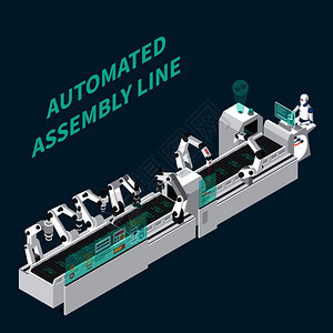 工业机器人自动化等距成与可编辑文本工业装配线与手臂机械手矢量插图装配线等距背景图片