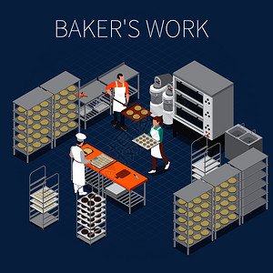 烘焙包生产等距成与可编辑的文本工业建筑的视图与工人矢量插图的字符贝克斯工厂等距背景图片