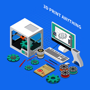 印刷工业等距构图与三维打印机图像与计算机软件与文本矢量插图三维印刷行业背景图片