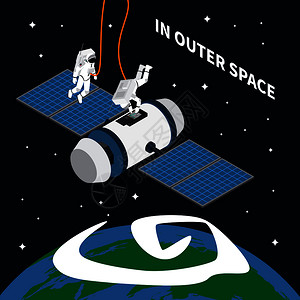 宇航员宇航员宇航员与太空卫星的等距构图宇航员用文本矢量插图修复宇宙飞船的图像宇航员外层背景图片