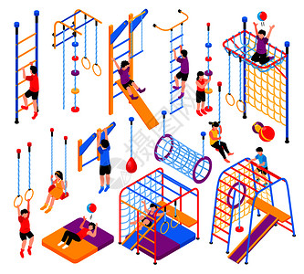 等距儿童家庭运动复杂设备与体操器械元素儿童爬架矢量插图等距操场元素收集图片
