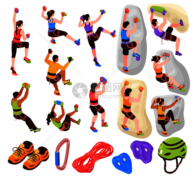 等距攀岩墙收集图标图像的登山者设备矢量插图等距攀登图标