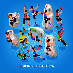 等距攀岩墙背景与套人体特征的登山者配备登山设备矢量插图等距攀岩运动背景背景图片
