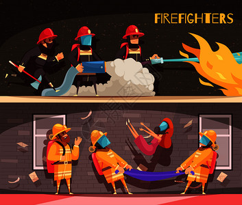 两个水平横幅与卡通风格的图像人类人物火灾情况矢量插图图片