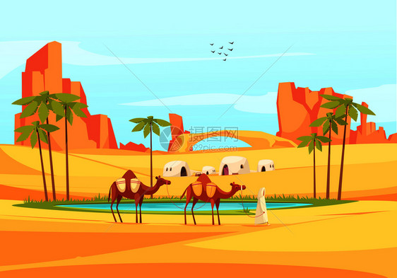 沙漠户外成荒芜的地方景观与平坦的图像沙峡谷骆驼队矢量插图图片