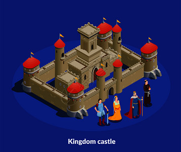 中世纪王国加固城堡与石墙,塔等距成与国王女王主教骑士矢量插图图片
