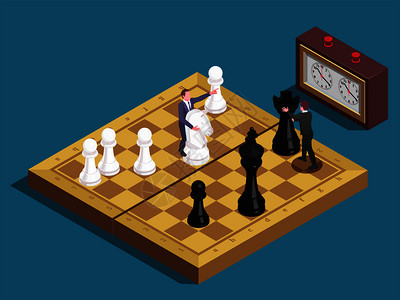 国际象棋寓言等距构图,玩家移动骑士皇后棋盘棋子业务经理矢量插图图片