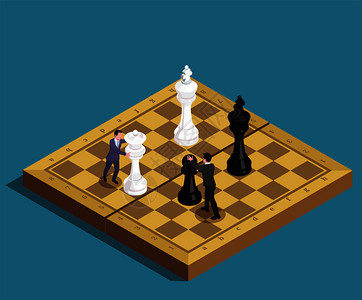 国际象棋等距成的玩家移动与国王皇后棋子棋盘矢量插图图片