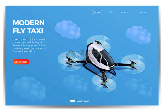 四翼无人机乘客携带设备服务等距成网页与现代飞行出租车矢量插图图片