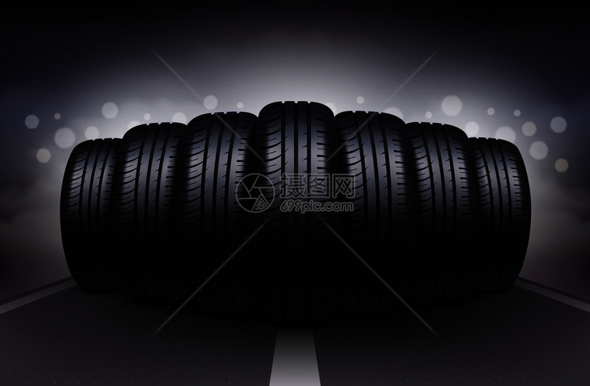 夜间巷道真实背景与汽车轮胎相同的胎图案矢量插图夜间道路上的汽车轮胎图片