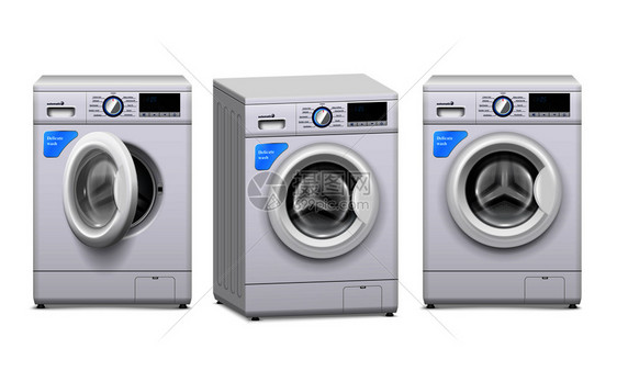 真实的三台洗衣机,打开前门隔离白色背景矢量插图洗衣机写实套装图片