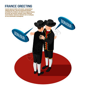 等距构图与两个法国人穿着民族服装互相问候的三维矢量插图问候等距构图图片