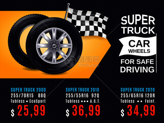 真实的汽车车轮安全驾驶广告海报与产品价格黄色黑色背景矢量插图现实的汽车车轮广告海报图片