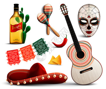 墨西哥写实套狂欢节具松边龙舌兰传统节日符号吉他等音乐配件矢量插图墨西哥现实主义套装图片