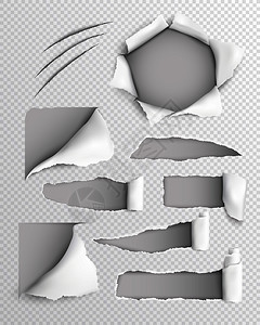 透明纸撕裂片与撕裂孔与滚动边缘现实矢量插图撕破的纸真实透明的套背景图片