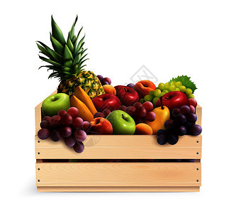 套异国水果木箱白色背景现实矢量插图盒子里的水果真实的构图图片