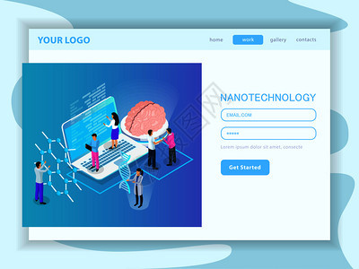 纳米技术开发网页与用户帐户按钮菜单等距矢量插图纳米技术等距着陆页图片