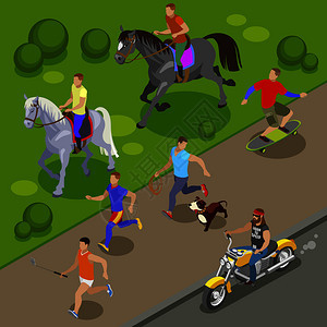 户外活动背景与滑板骑马符号等距矢量插图图片