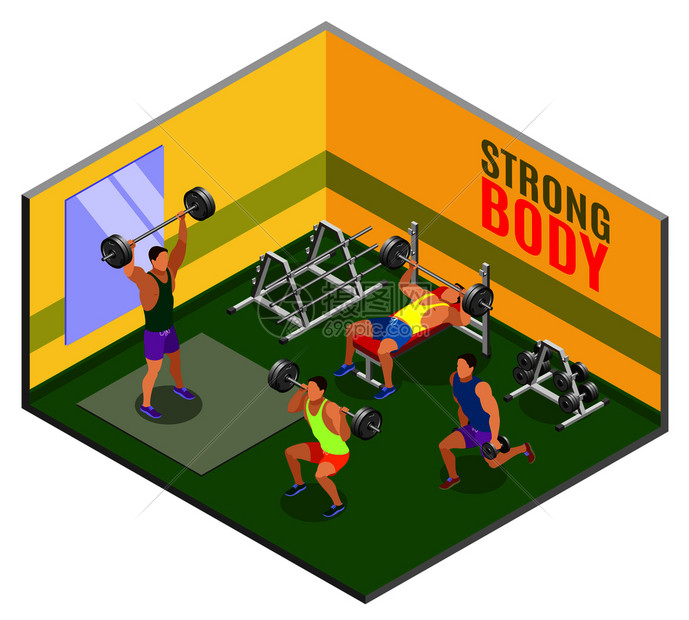 运动员健身房等长成分矢量插图中进行身体建设锻炼时用重量设备身体建设锻炼等距成图片