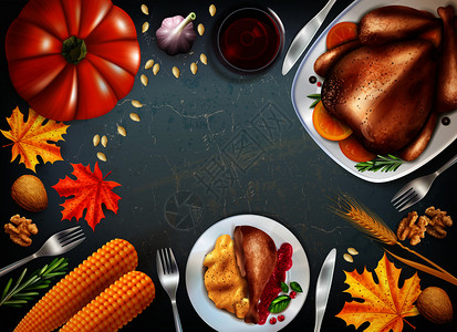 彩色感恩节与节日餐桌上的菜肴,火鸡饮料其他小吃矢量插图彩色感恩节图片
