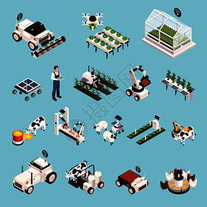 智能农场集与技术符号等距孤立矢量插图智能农场套装图片
