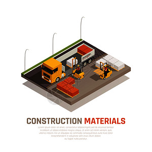 建筑材料等距成与建筑场景卡车由工人卸载与可编辑的文本矢量插图建筑用品交付背景图片