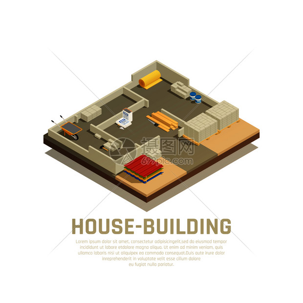 建筑材料等距成与可编辑的文本建筑场景的视图施工矢量插图的早期阶段等距房屋建筑背景图片