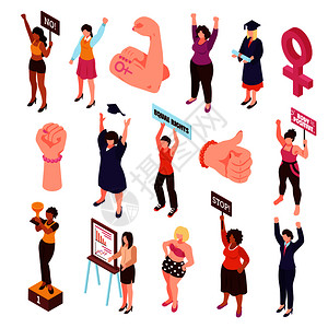等距女权主义集拳头人物的妇女抗议挑选平等权利矢量插图等距女权主义人物集图片